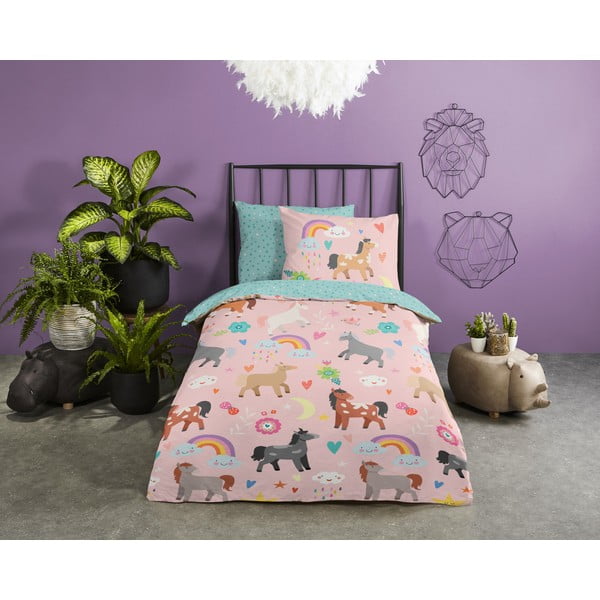 Rožnata/turkizna enojna podaljšana bombažna otroška posteljnina 140x220 cm Horses – Good Morning-image-1