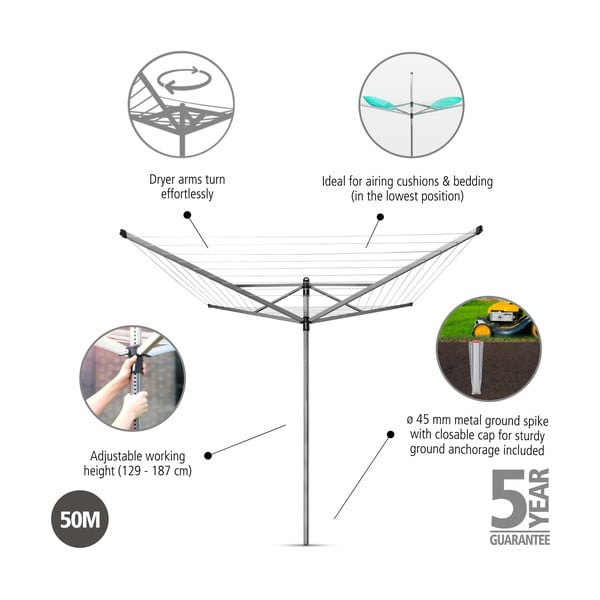 Vrtno stojalo za sušenje perila v srebrni barvi 50 m Lift-O-Matic – Brabantia-image-4
