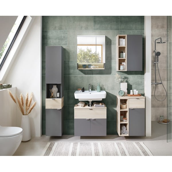 Siva/naravna stenska kopalniška omarica v borovem dekorju 70x45 cm Quickset 394 – Pelipal-image-1