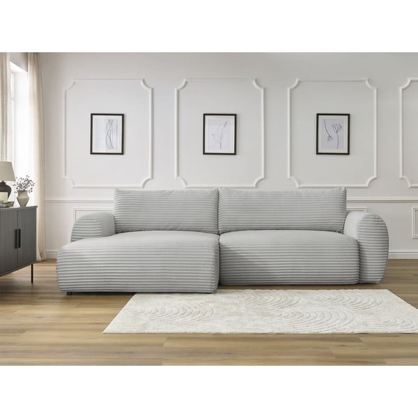 Svetlo siva raztegljiva kotna sedežna garnitura iz rebrastega žameta (levi kot) Lucien – Bobochic Paris-image-1