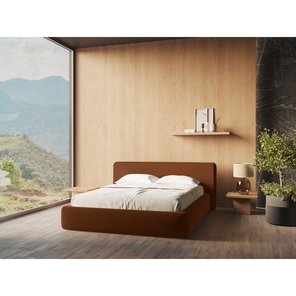 Oblazinjena zakonska postelja s prostorom za shranjevanje z letvenim dnom 160x200 cm v barvi terakote Kiana – Makamii-image-1