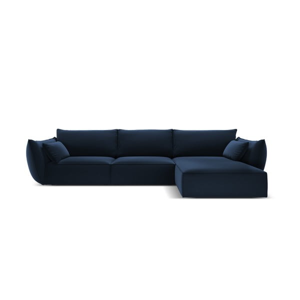 Temno modra žametna kotna sedežna garnitura z ležalnikom (desni kot) Vanda – Mazzini Sofas