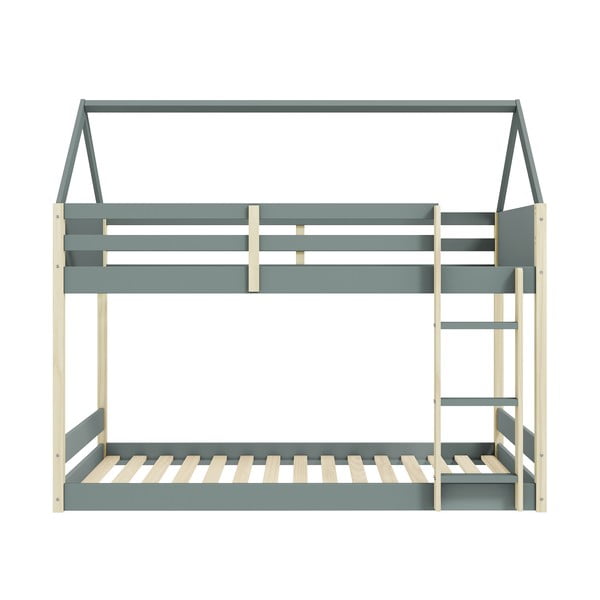 Otroška postelja v obliki hiške/pograd z letvenim dnom 90x190 cm v naravni barvi/prašno zelena Valka – Marckeric-image-1