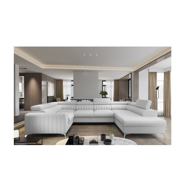 Bela raztegljiva/s prostorom za shranjevanje kotna sedežna garnitura iz umetnega usnja (desni kot/v obliki črke "U") Louis – ELTAP-image-1