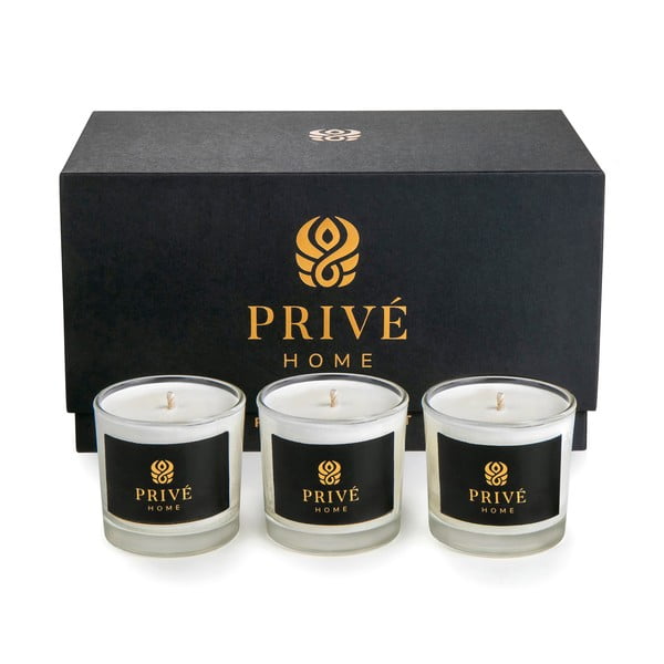 Set 3 belih dišečih sveč Privé Home Lemon Verbena & Mimosa-Poire & Rose Pivoine