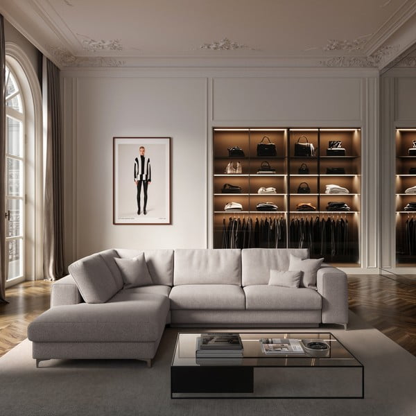 Svetlo siva raztegljiva kotna sedežna garnitura s prostorom za shranjevanje iz tkanine bouclé (levi kot/v obliki črke L) Rene – Rodier-image-1