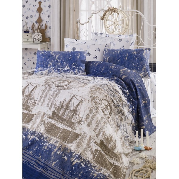 Komplet posteljnega pregrinjala in blazin Pusula Dark Blue, 200x235 cm
