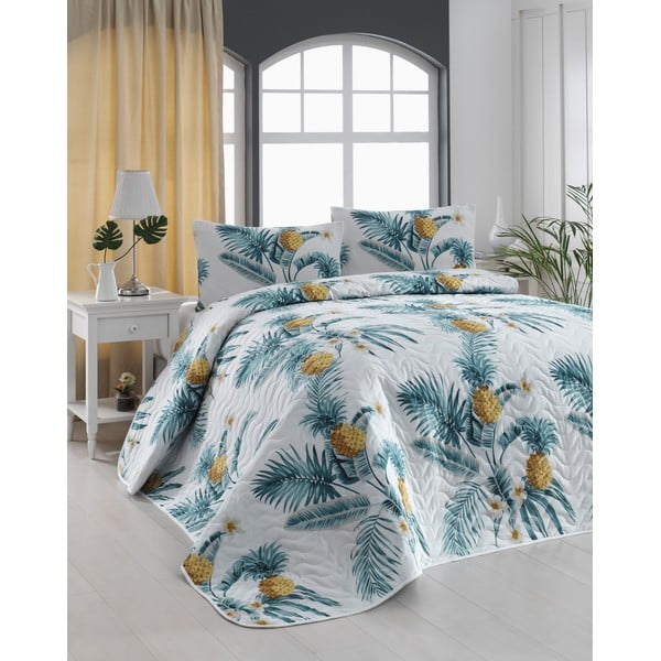 Komplet prešite postelje in 2 prevleki za vzglavnik Eponj Home Custom Pineapple White, 200 x 220 cm