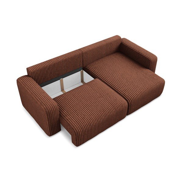 Raztegljiva/s prostorom za shranjevanje kotna sedežna garnitura iz rebrastega žameta v barvi terakote (desni kot/z ležalnikom) Kona – Makamii-image-4