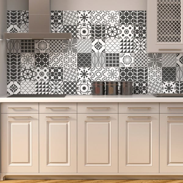 Komplet 24 stenskih nalepk Ambiance Wall Decal Cement Tile Gray Lindos, 10 x 10 cm