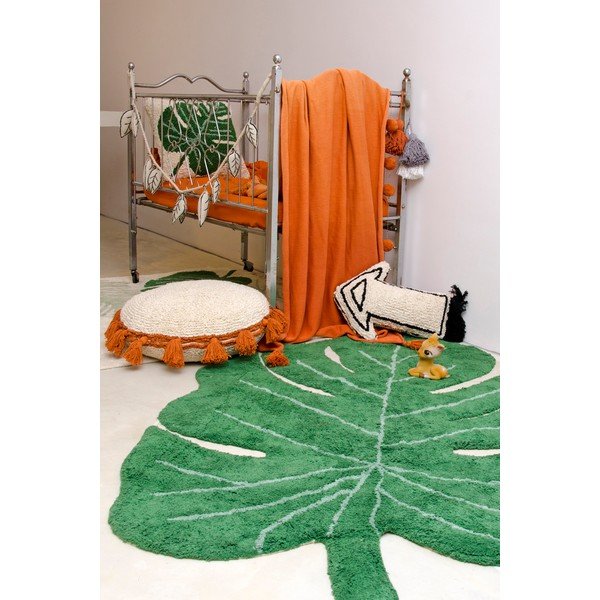 Temno zelena pralna ročno tkana bombažna otroška preproga 120x180 cm Monstera Leaf – Lorena Canals-image-1