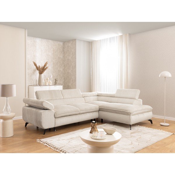 Kremno bela kotna sedežna garnitura iz rebrastega žameta (desni kot/v obliki črke L) Marbeya  – Ropez-image-1