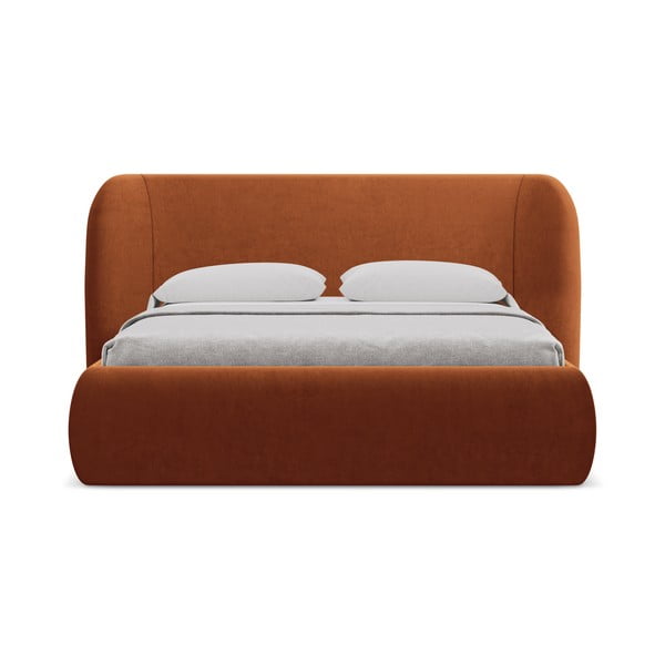 Oblazinjena zakonska postelja s prostorom za shranjevanje z letvenim dnom 160x200 cm v barvi terakote Hauke – Makamii-image-3