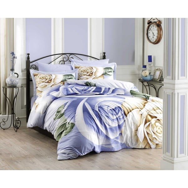 Posteljno perilo z rjuho za zakonsko posteljo iz poplina Hobby Rebecca Modra, 200 x 220 cm