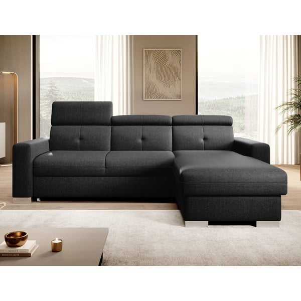 Črna raztegljiva/s prostorom za shranjevanje kotna sedežna garnitura (desni kot/z ležalnikom) Fresia – ELTAP-image-1