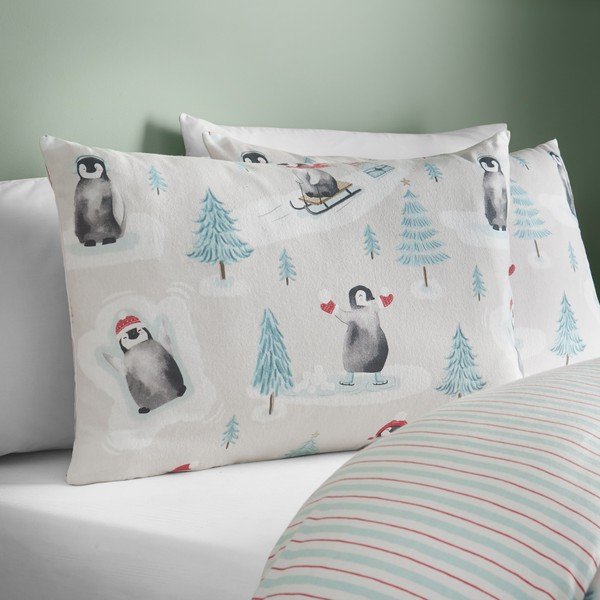 Enojna flanelna posteljnina v naravni barvi 135x200 cm Brushed Christmas Penguins – Catherine Lansfield-image-3