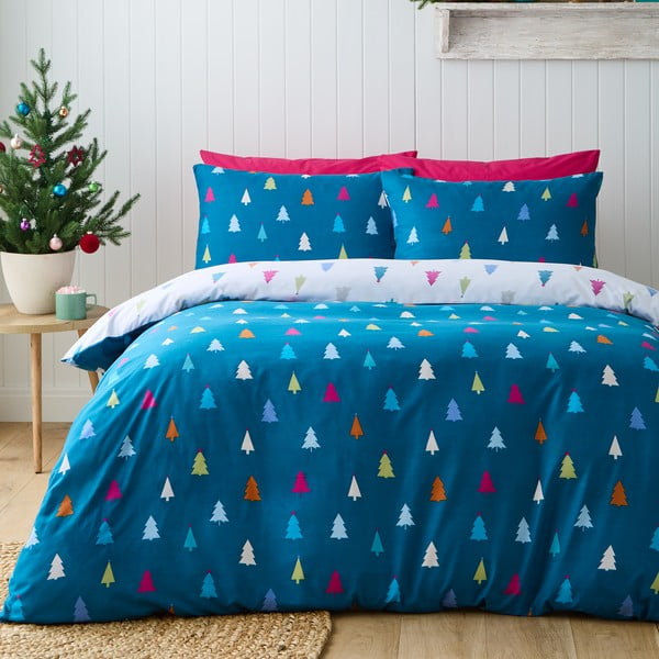 Bela/modra enojna posteljnina iz mikrovlaken 135x200 cm Christmas Tree – Catherine Lansfield-image-1