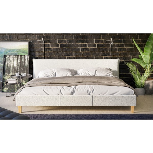Kremno bela oblazinjena zakonska postelja z letvenim dnom 200x200 cm Tina – Ropez-image-1