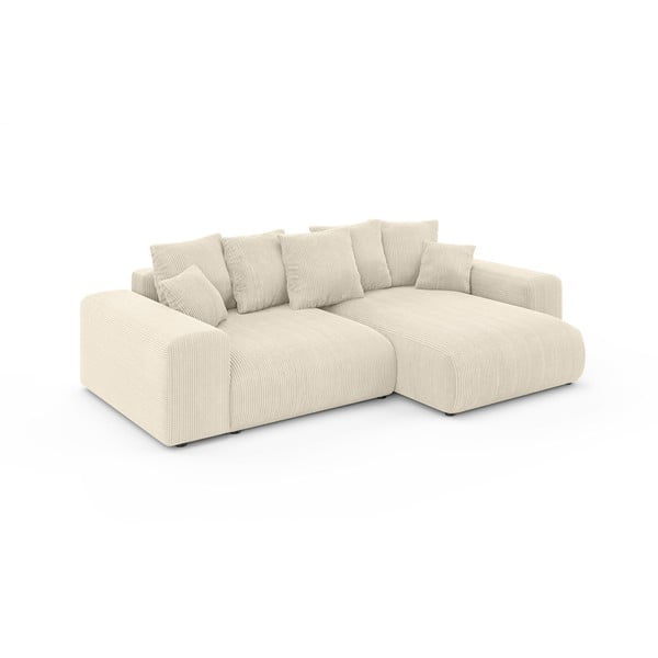 Kremno bela raztegljiva kotna sedežna garnitura iz rebrastega žameta s prostorom za shranjevanje (s kotom po izbiri) Luma – Ropez-image-2