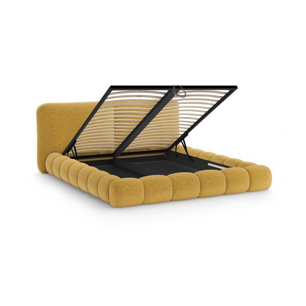 Gorčično rumena oblazinjena zakonska postelja s prostorom za shranjevanje in z letvenim dnom 160x200 cm Solange – Micadoni -image-2