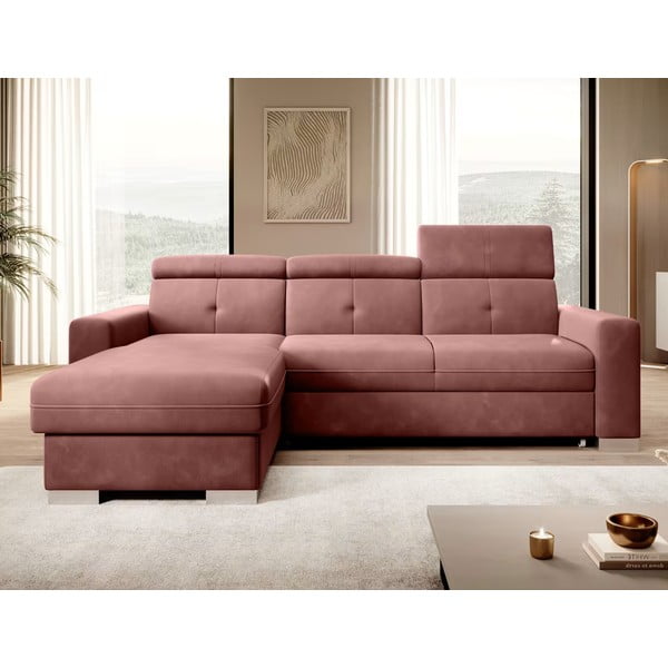 Rožnata žametna raztegljiva/s prostorom za shranjevanje kotna sedežna garnitura (levi kot/z ležalnikom) Fresia – ELTAP-image-1