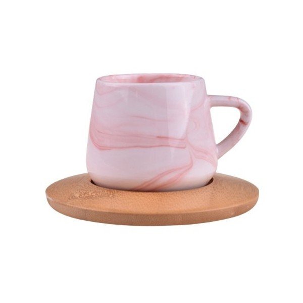 Komplet 6 svetlo rožnatih porcelanskih vrčkov s podstavki iz bambusa Bambum Ebru-image-1