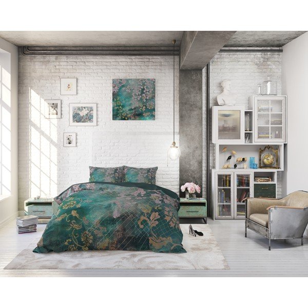 Zelena bombažna posteljnina za enojno posteljo Pure Cotton Tiran Flower, 140 x 200 cm-image-3