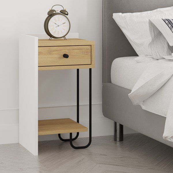 Bela/naravna nočna omarica v hrastovem dekorju s policami Mercure – Marckeric-image-4