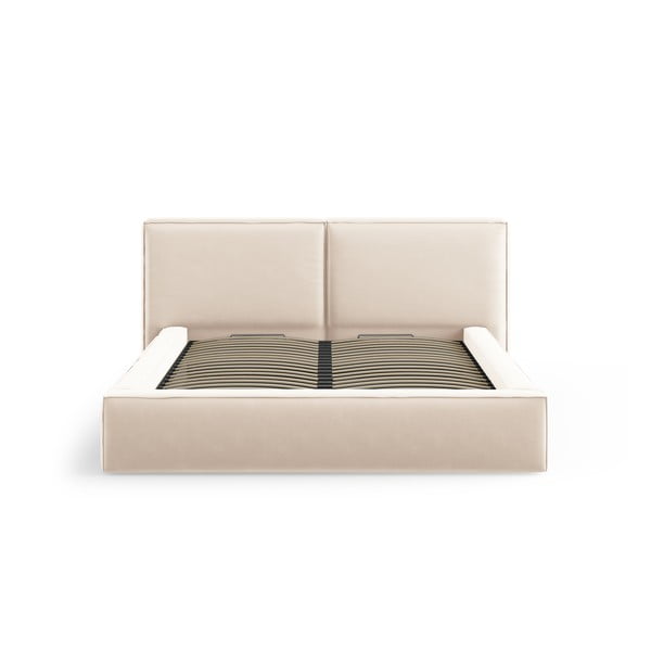 Kremno bela žametna oblazinjena zakonska postelja s prostorom za shranjevanje in z letvenim dnom 200x200 cm Arendal – Cosmopolitan Design-image-3
