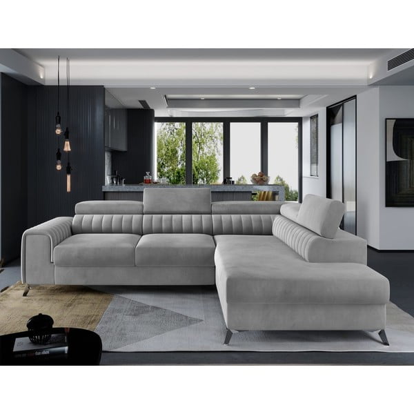 Siva žametna raztegljiva/s prostorom za shranjevanje kotna sedežna garnitura (desni kot/v obliki črke L) Laurence – ELTAP-image-1