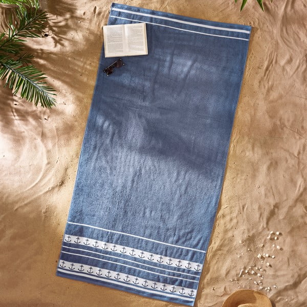 Modra bombažna brisača za na plažo 90x180 cm Anchors – Catherine Lansfield-image-1
