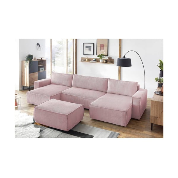 Svetlo rožnat tabure iz rebrastega žameta Nihad – Bobochic Paris-image-1