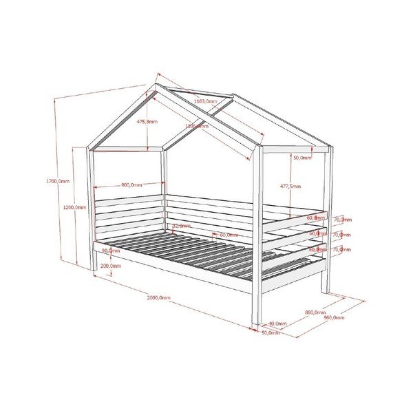 Bela otroška postelja iz masivnega bora v obliki hiške z letvenim dnom 90x200 cm Dallas – Vipack-image-2