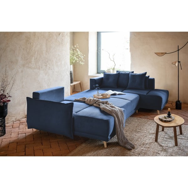 Temno modra raztegljiva kotna sedežna garnitura iz rebrastega žameta (desni kot/v obliki črke "U") Lazy Lukka – Miuform-image-4
