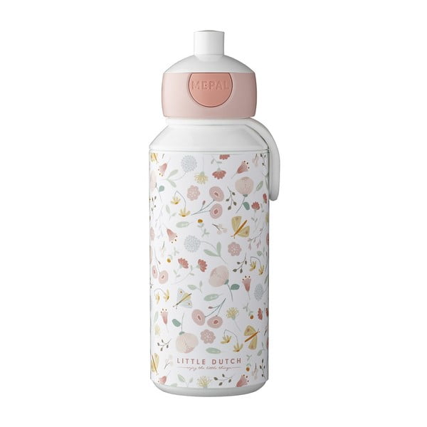 Bela/svetlo rožnata otroška steklenička za vodo 400 ml Flowers & butterflies – Mepal
