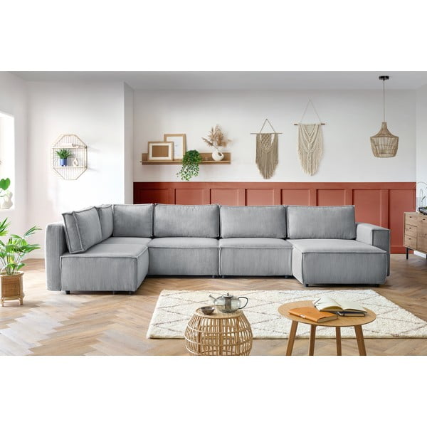 Svetlo siva kotna sedežna garnitura iz rebrastega žameta (levi kot/v obliki črke "U") Nihad modular – Bobochic Paris-image-1