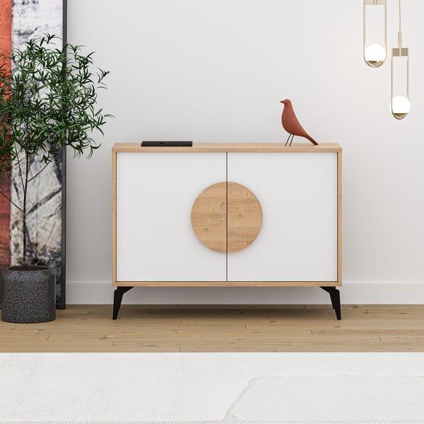 Bela/naravna nizka komoda v hrastovem dekorju 110x82 cm Vae – Marckeric-image-2