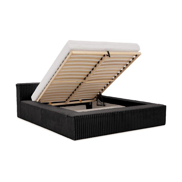 Črna oblazinjena zakonska postelja s prostorom za shranjevanje in z letvenim dnom 160x200 cm Cloe – Ropez-image-2