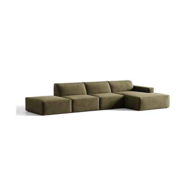 Kaki zelena žametna kotna sedežna garnitura (desni kot/z ležalnikom) Jodie – Micadoni -image-3