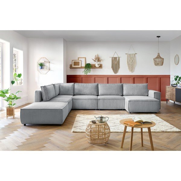 Svetlo siva kotna sedežna garnitura iz rebrastega žameta (levi kot/v obliki črke "U") Nihad modular – Bobochic Paris-image-1