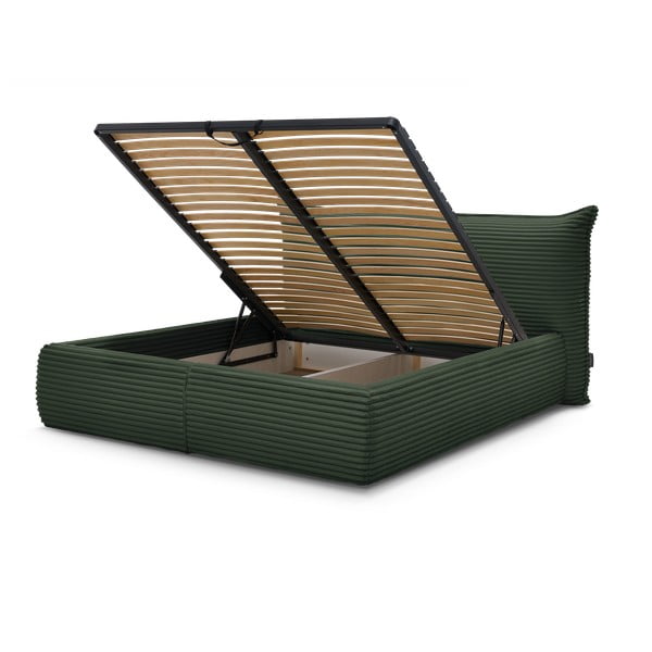 Temno zelena oblazinjena zakonska postelja s prostorom za shranjevanje z letvenim dnom 160x200 cm Jade – Bobochic Paris-image-1