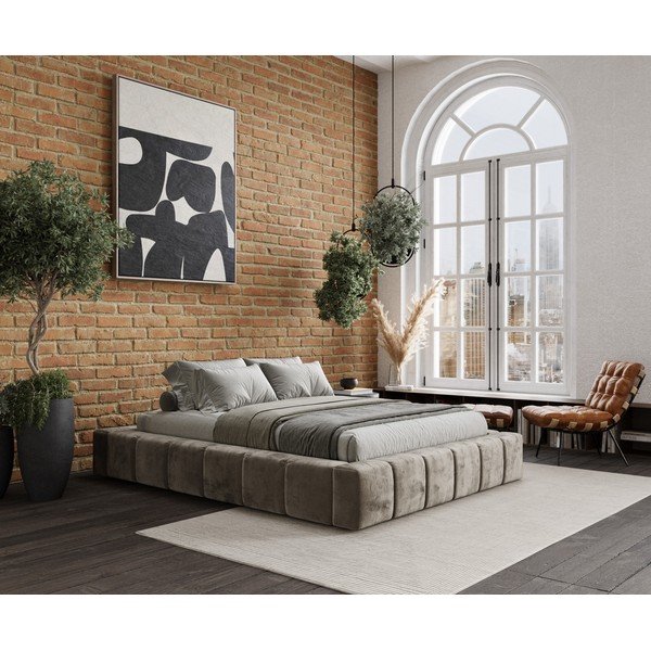 Bež oblazinjena zakonska postelja s prostorom za shranjevanje z letvenim dnom 160x200 cm Aruba L – Maison de Rêve-image-1