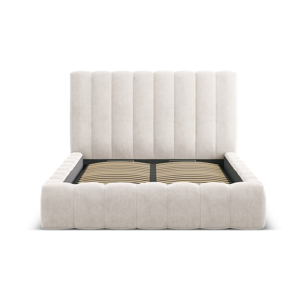 Kremno bela oblazinjena zakonska postelja s prostorom za shranjevanje z letvenim dnom 200x200 cm Kelp – Micadoni Home-image-3