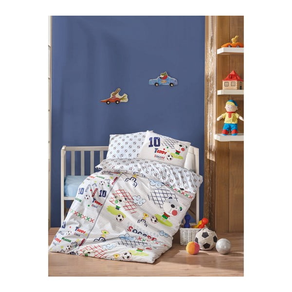 Bombažni komplet otroške posteljnine z rjuho Nogomet, 100 x 150 cm
