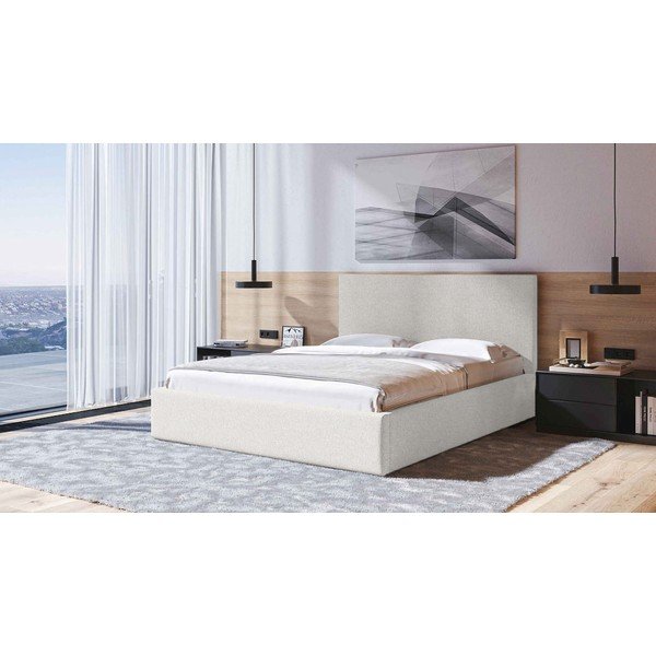 Bež oblazinjena zakonska postelja s prostorom za shranjevanje z letvenim dnom 180x200 cm Bufo – MESONICA-image-1