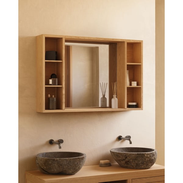 Stenska kopalniška omarica z ogledalom iz masivnega tika 100x65 cm Parana – Kave Home-image-3