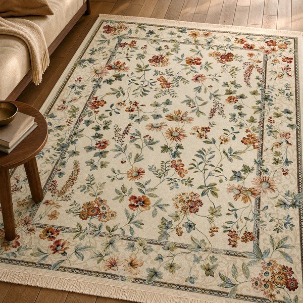 Kremno bela viskozna preproga 95x140 cm Oriental Flowers – Nouristan-image-1