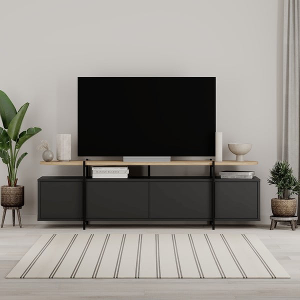 Črna TV omarica v hrastovem dekorju 160x48 cm Hinoa – Marckeric-image-1