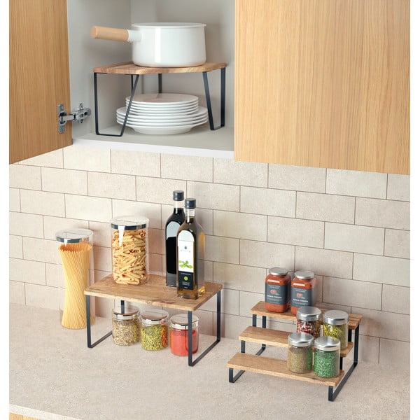 Mat črna/naravna lesena kotna dodatna kuhinjska polica 25x25 cm York – Metaltex-image-3