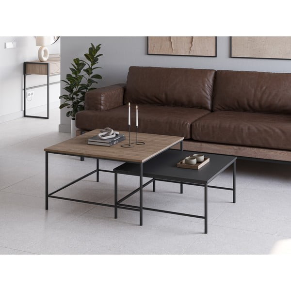 Črne/naravne mizice v kompletu 2 ks z mizno ploščo v hrastovem dekorju 80x80 cm Fiorenza – Marckeric-image-1